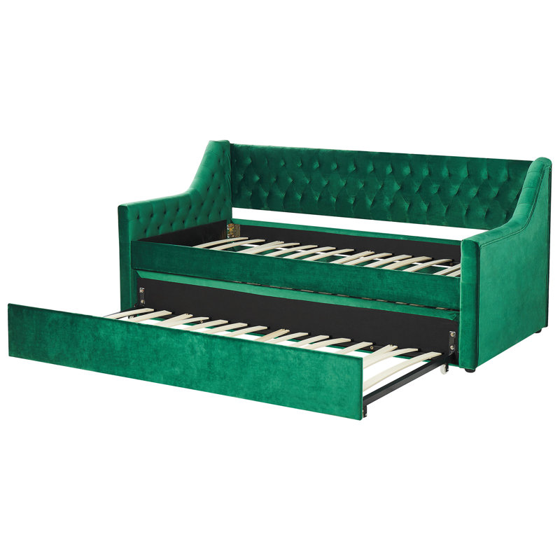 Picidae Upholstered Daybed with Trundle, Green, European Single (90 x 200cm)