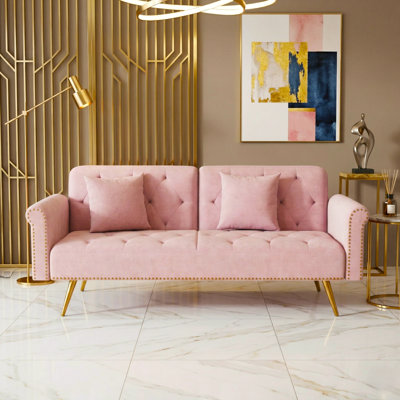 69.7" Glam Velvet Convertible Sofa Bed with Diamond Tufting, Nailhead Trim, and Included Throw Pillows 