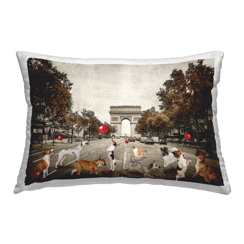 Dogs Playing Among Architecture Printed Outdoor Throw Pillow Design by CAD Designs