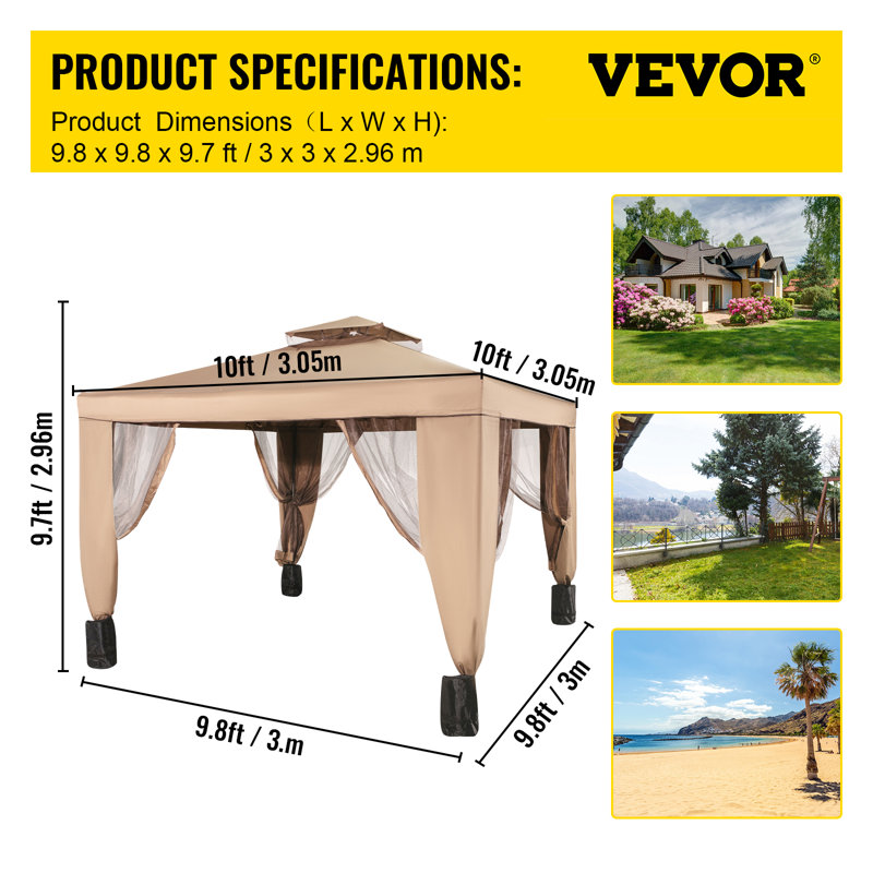 10 x 10 ft Beige Steel Frame Patio Gazebo with Netting