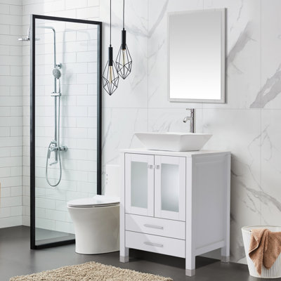 Meuble-lavabo simple 24 po avec comptoir en bois Kasa, lavabo vasque, robinet en alliage de zinc, pieds en bois massif Kasa