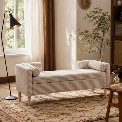 Banc de rangement à dossier rabattable en velours côtelé de 64,7 po de largeur, repose-pieds de fenêtre décoratif avec accoudoirs et dossier et 2 traverses en bois d'hévéa pour le salon, le couloir, la chambre du vestibule, gris clair