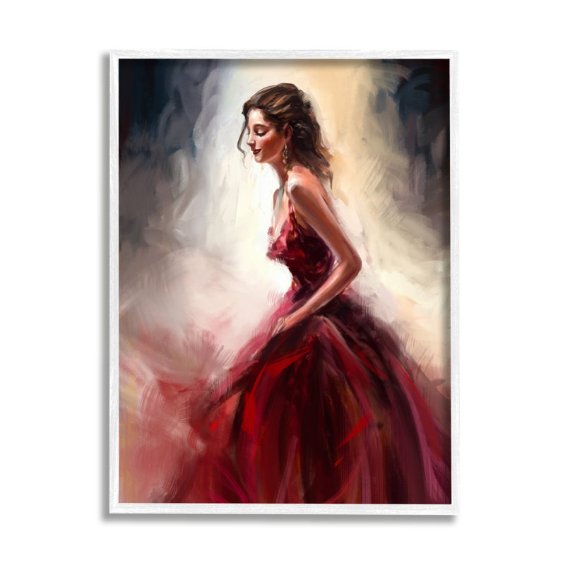 «Elegant Woman», robe rouge encadrée sur bois par Ziwei Li, impression, H 14 po x l 11 po, Giclée encadrée blanc bord de mer