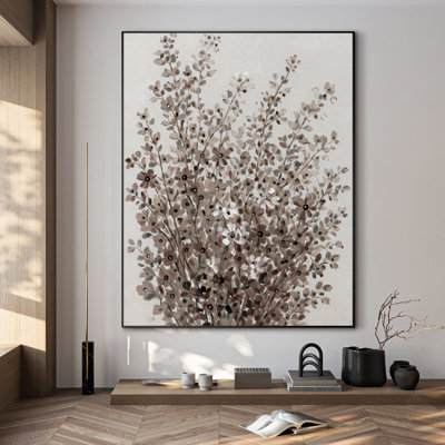 Très grande reproduction d'art sur tissu - Élégante composition botanique neutre avec des fleurs sauvages beiges et brunes douces pour le salon ou la chambre à coucher - «Assemblage requis du cadre (cadre non fini)»
