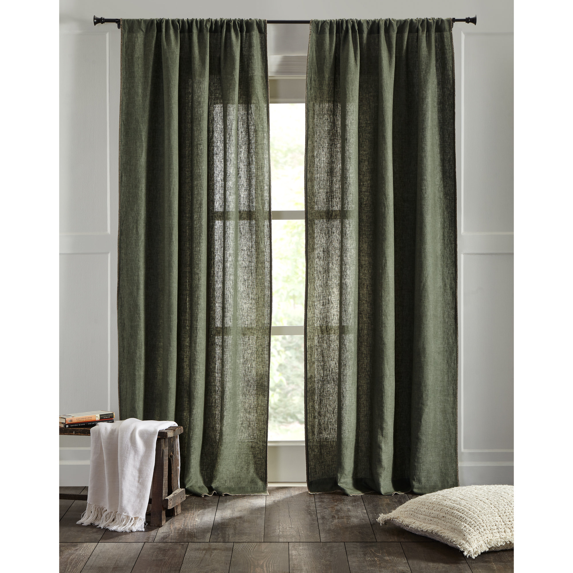 Brian Semi Sheer 100% Linen Curtain, Kale, 50" W x 96" L