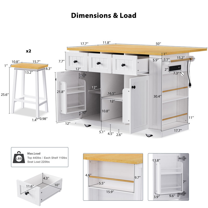53" Kitchen Island with 2 Bar Stools & Power Outlet, Large Rolling Kitchen Cart with Drop Leaf, 3 Drawers, Internal Door Racks & Side Spice Shelves