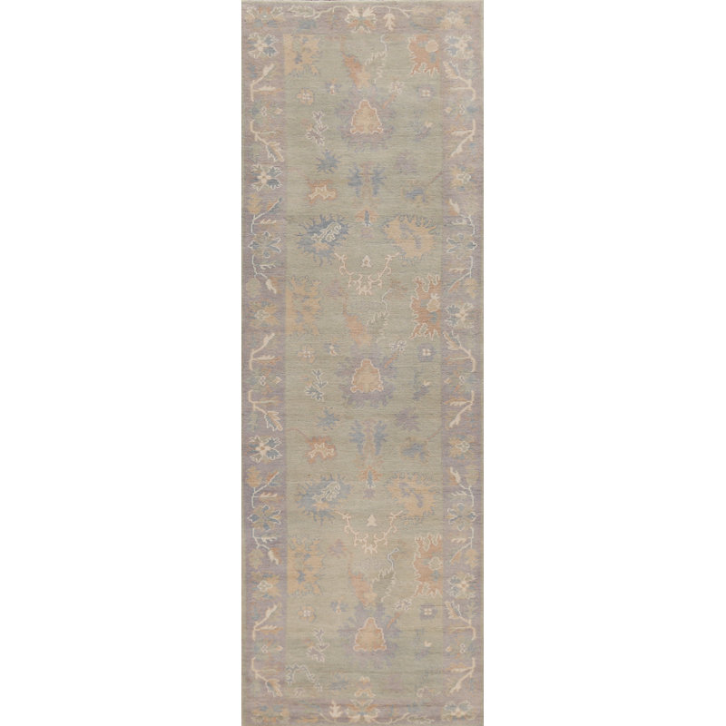 Vegetable Dye Green Oushak Turkish Runner Rug