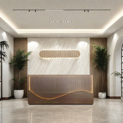 Vintage Rectangular Front Desk with LED Light Strip and Versatile Storage Solutions