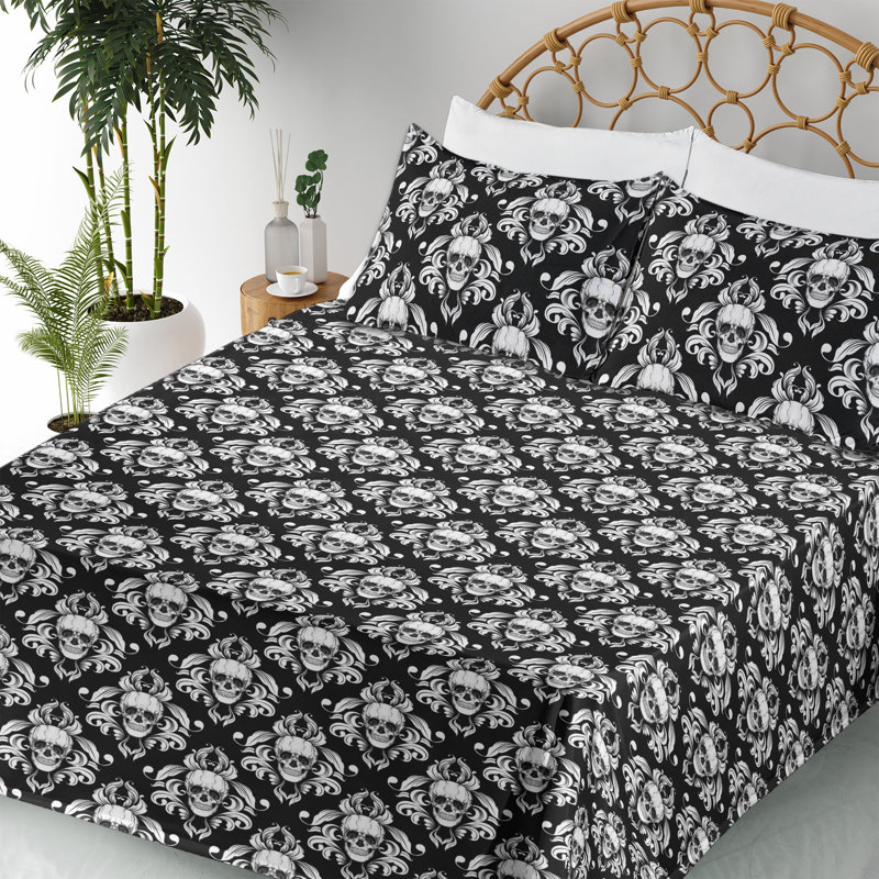 Ambesonne Skull Sheet Set Gothic Damask Flowers Print Charcoal Grey and White, Queen Sheet Set with 2 Pillowcases