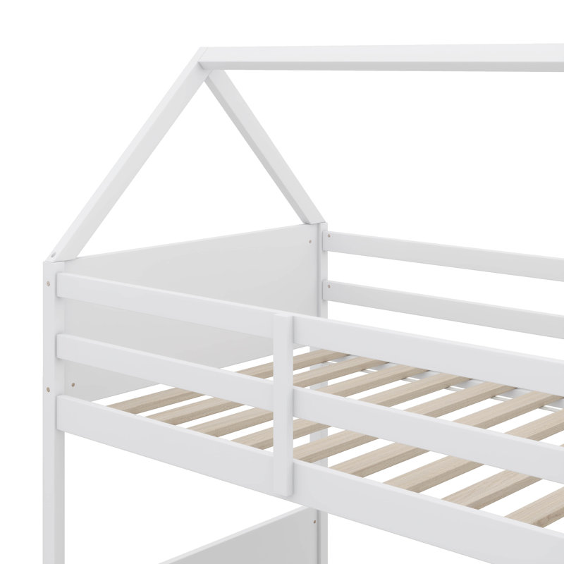 Twin Over Twin House-Design Floor Bunk Bed Complete With Head And Foot Panels, White
