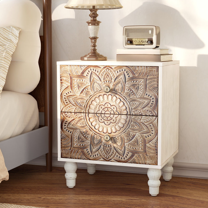 18“ Carved Wooden Nightstand with Two Drawers, Individual