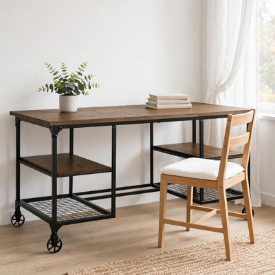 Meza Writing Desk w Casters, 4 Shelves, Brown Wood, Black Metal 60 Inch