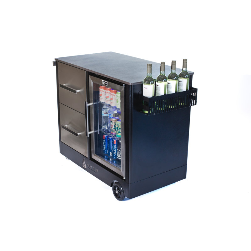 Mont Alpi Outdoor Bar Patio Island Kitchen Mobile Bar Prep Cart Station + Compact Refrigerator