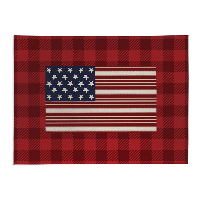 Star Spangled Banner Gingham Low Profile Kitchen Mat, Red, Rectangle 5' x 7'