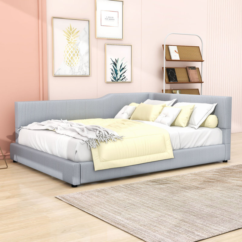 Adames Wood L-Shaped Corduroy Daybed, Gray, Full/Double