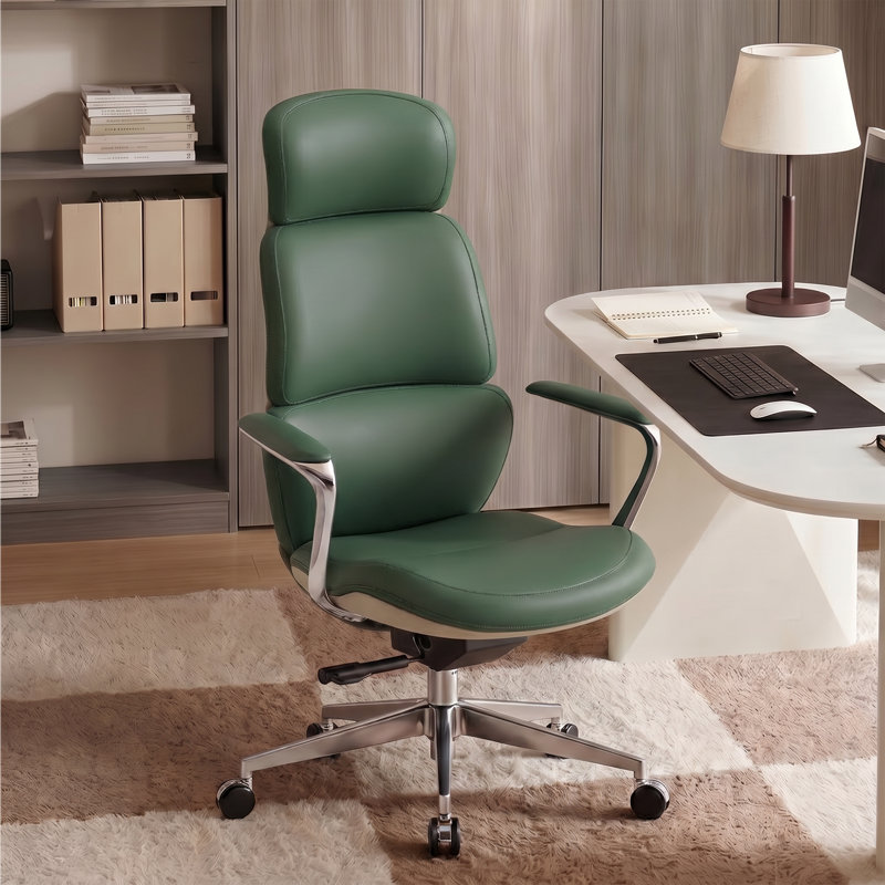 Genuine Leather Executive Chair, Swivel Ergonomic Office Chair, Desk Chair with Tilt Reclining, Alu, Green