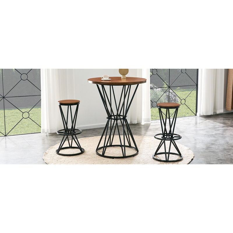 Ensemble de bar, de table et de chaises simple. Plateau de table en panneau de fibres à densité moyenne à grain de bois de noyer de 31,5 pouces avec structure en métal noir, combinaison de comptoir de bar de style industriel, convenant aux comptoirs d