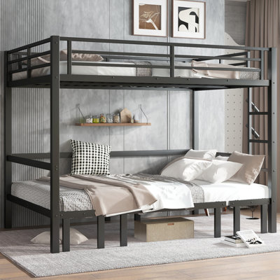 Black Metal Queen Over Bunk Bed, Lower Pulls Out In Three Sections, Top With Rails, Simple And Stylish Design Size - Section Bunk, Safe Guarding Structure