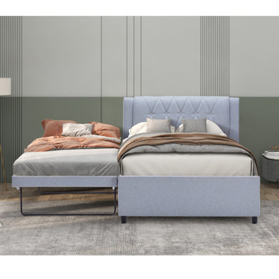 {NOUVEAU} Lit plateforme tapissier double avec lit gigogne, lit gigogne pouvant être plat ou dressé, cadre de lit moderne avec tête de lit en lin pour enfants, adultes, sans sommier