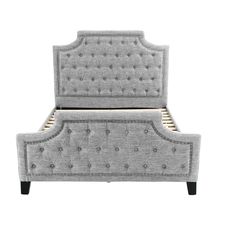 Lit double tendance en gris - Structure en tissu de polyester et en bois avec abat-jour captivant
