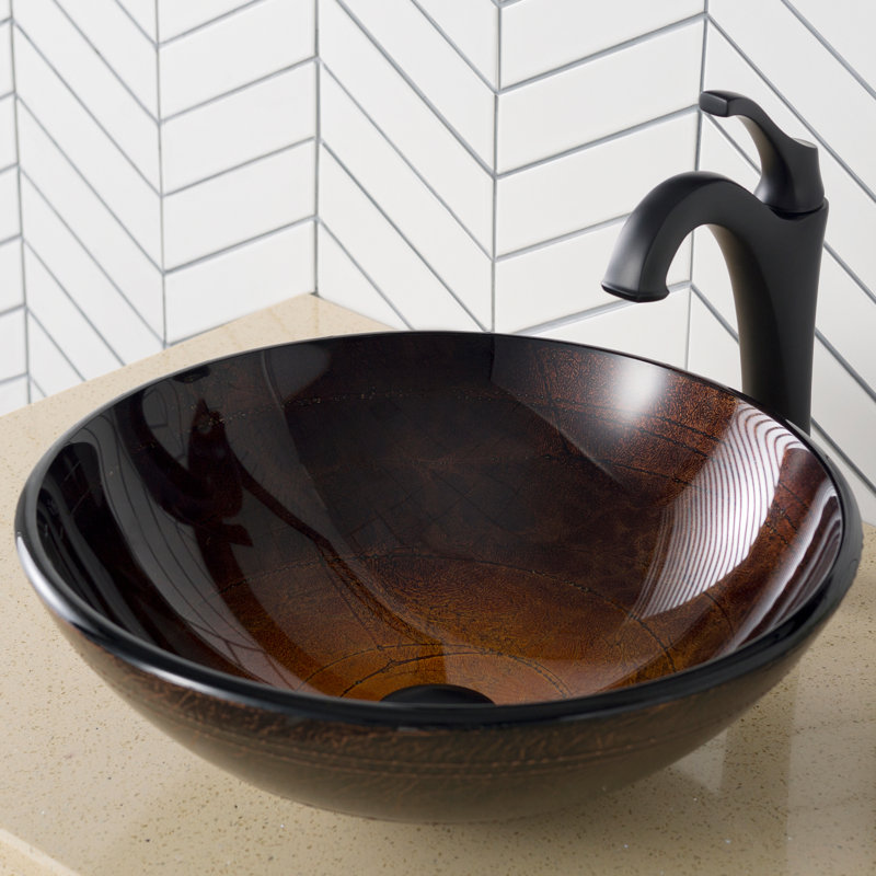 Glass Circular Vessel Bathroom Sink with Faucet, Matte Black