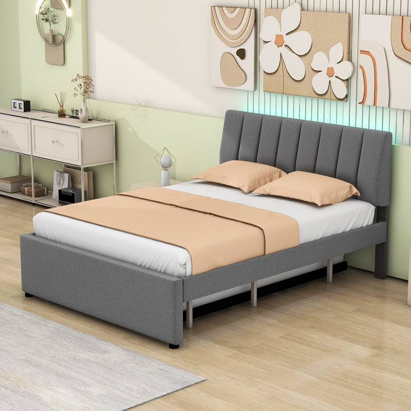 Lit plateforme tapissier avec tête de lit et lit gigogne Renzie, Double, Gris