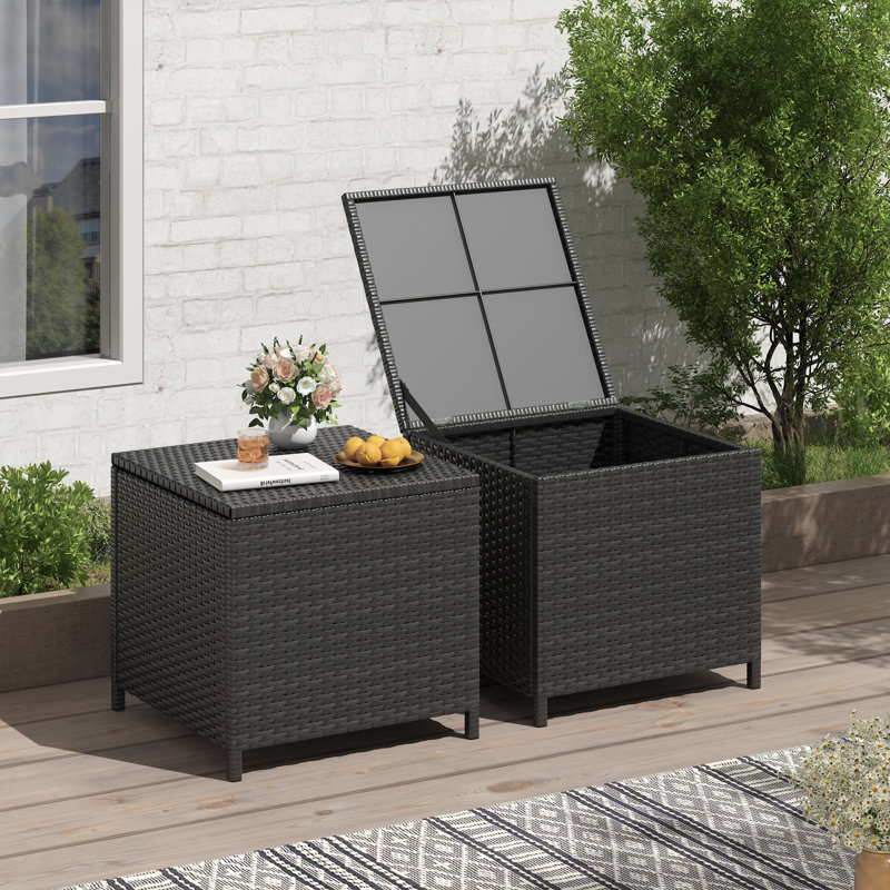  Alexandia Outdoor Square Rattan Wicker Side Table With Storage, Black
