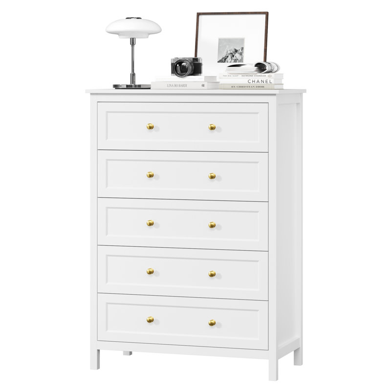 5 Drawer Dresser For Bedroom, 42" Tall Chest Of Drawers With Golden Handles, Modern Wooden Bedroom Storage Cabinet For Living Room And Closet, Black