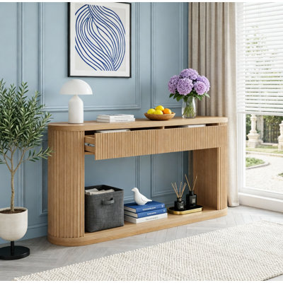 Console ovale cannelée avec 2 tiroirs et tablette inférieure, table d'entrée en bois avec glissières en métal lisse pour le salon, entrée