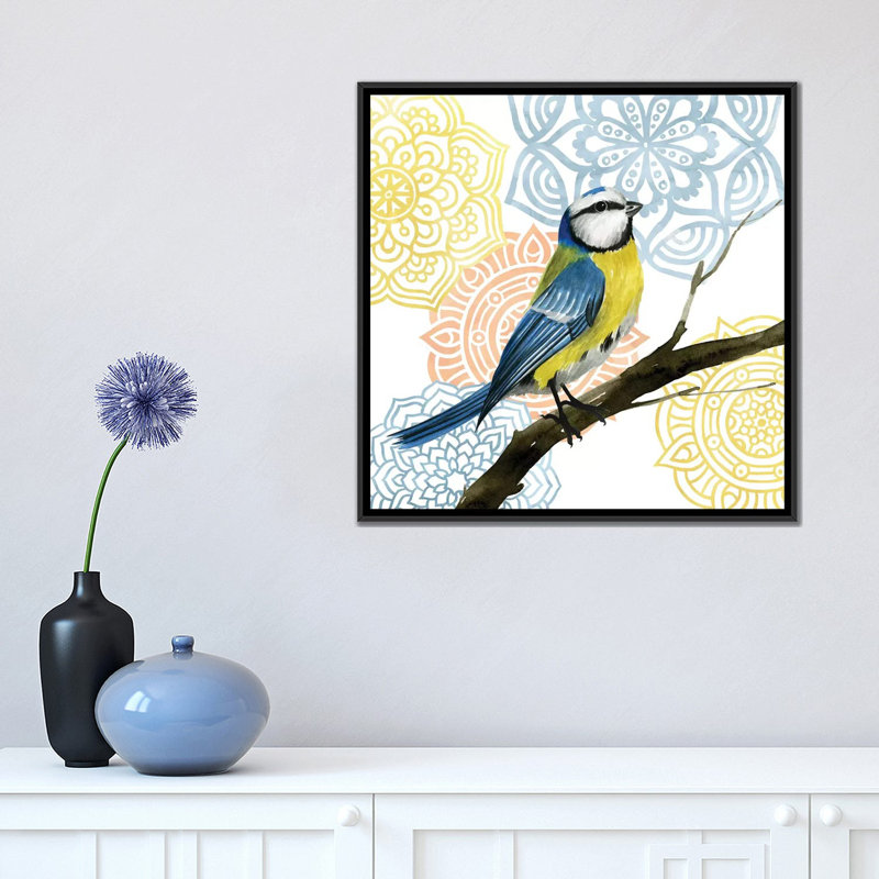 « mandala oiseau i », impression sur toile, H 18 po x l 18 po x P 1,5 po, Toile avec cadre noir, Pas de tapis