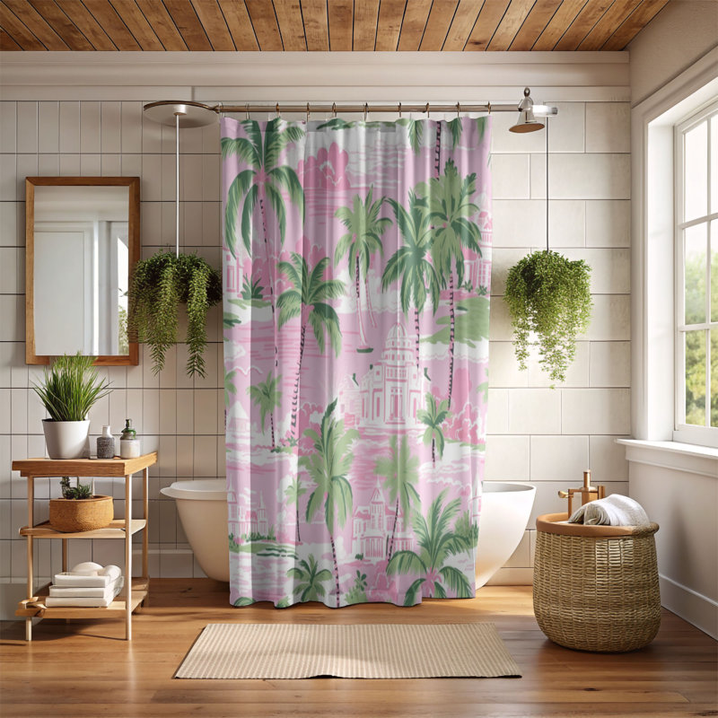 Rideau de douche 1 pièce vert et rose, H 74 po x l 71 po