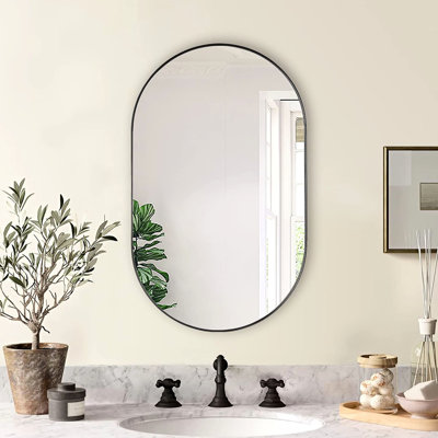 Miroir mural ovale noir de 20 x 33 pouces de diamètre en verre trempé de 4 mm et en alliage d'aluminium, livré avec un guide d'installation pour une suspension rapide en métal de 20 x 33 pouces, avec cadre en alliage brossé