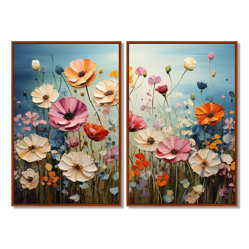 Fleurs abstraites dansantes - pétales dansants - art mural traditionnel 2 panneaux, 36" H x 48" W, Brown
