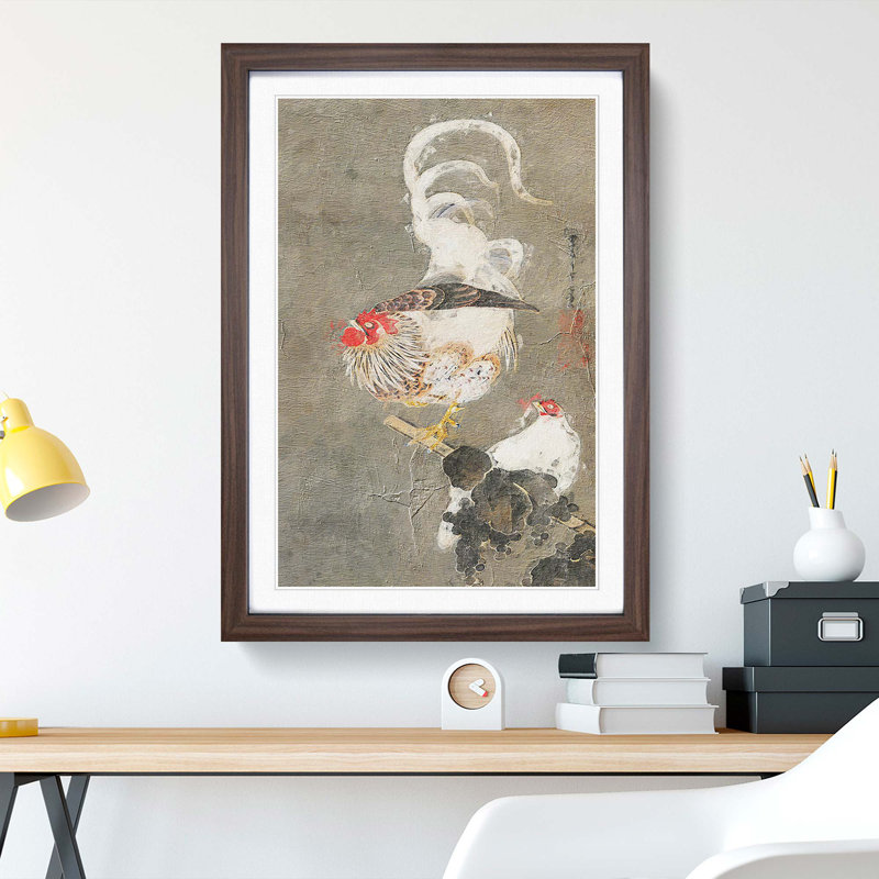 Hen & Rooster by Ito Jakuchu - Picture Frame Painting Print, 65cm H x 48cm W x 2cm D, Walnut Framed