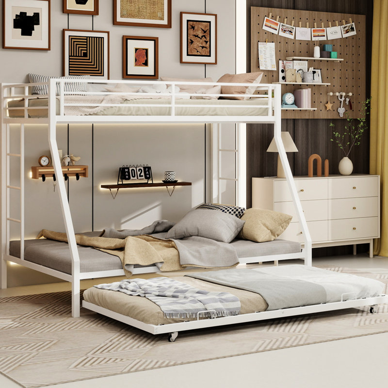 Lit superposé double avec lit gigogne, structure carrée en fer tubulaire, haute stabilité, pour la maison, dortoir, 137 cm x 190 cm, blanc