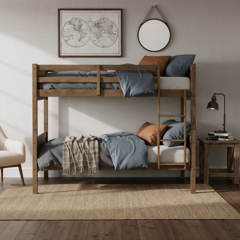 Appolon Twin Over Twin Solid Wood Bunk Bed with Fluted Panel Headboards, Brown