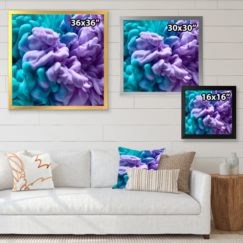 Encre bleue et mauve fluide - Art mural moderne et contemporain sur toile, Cadre photo noir, H 16 po x l 16 po x P 1 po