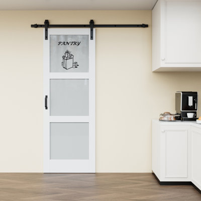 Pantry/Bathroom/Kitchen/Laundry Barn Door-Frosted Glass and  Wood Barn Door with Installation Hardware Kit 