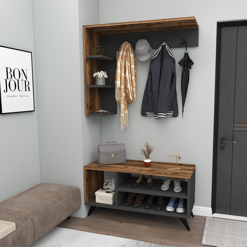 Hall Tree with Bench and Shoe Storage, Light Walnut & Anthracite