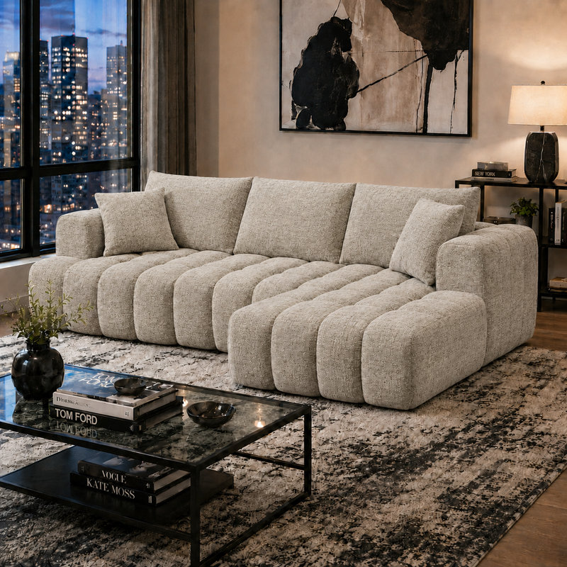 Classic Boneless L-shaped Chenille Fabric Upholstered 3-Seater Sectional Sofa with Two Pillows, Right Hand Facing