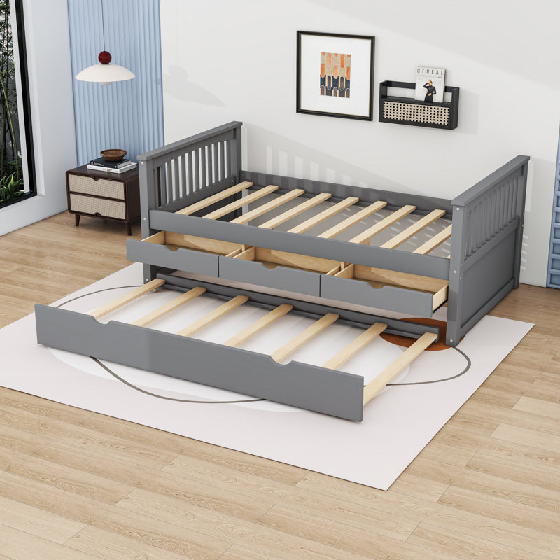 Lit plateforme simple en bois à 3 tiroirs avec lit gigogne, gris