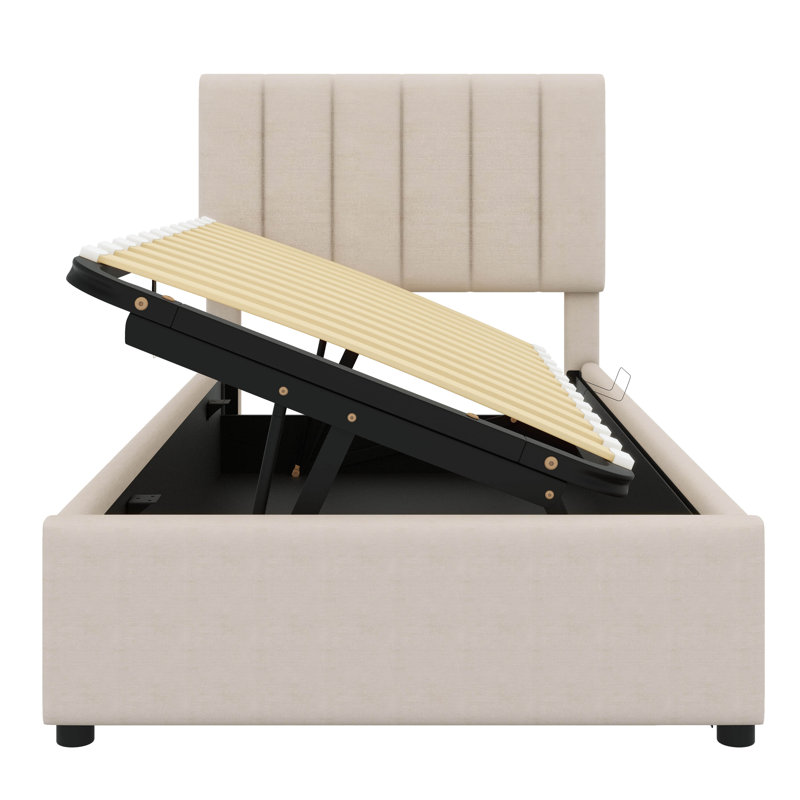 Lit simple avec rangement latéral relevable et structure rembourrée en lin hydraulique, Beige