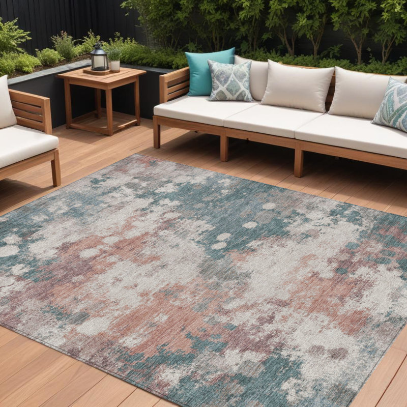 Tapis extérieur lavable abstrait corail et bleu sarcelle 8 pi x 10 pi
