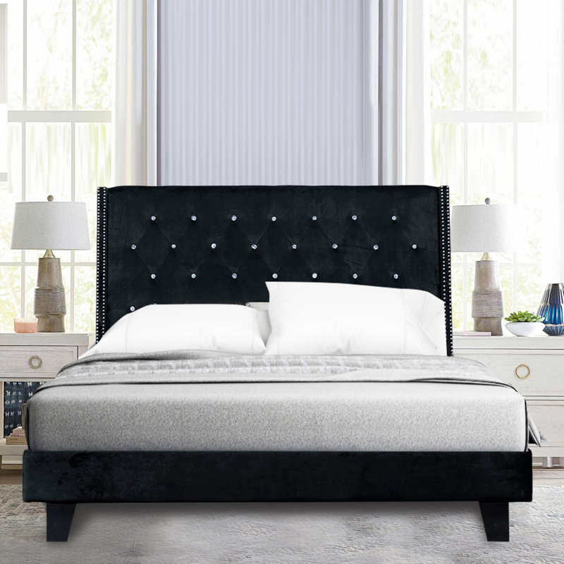 Dendrick Upholstered Tufted Velvet Bed, Queen, Black