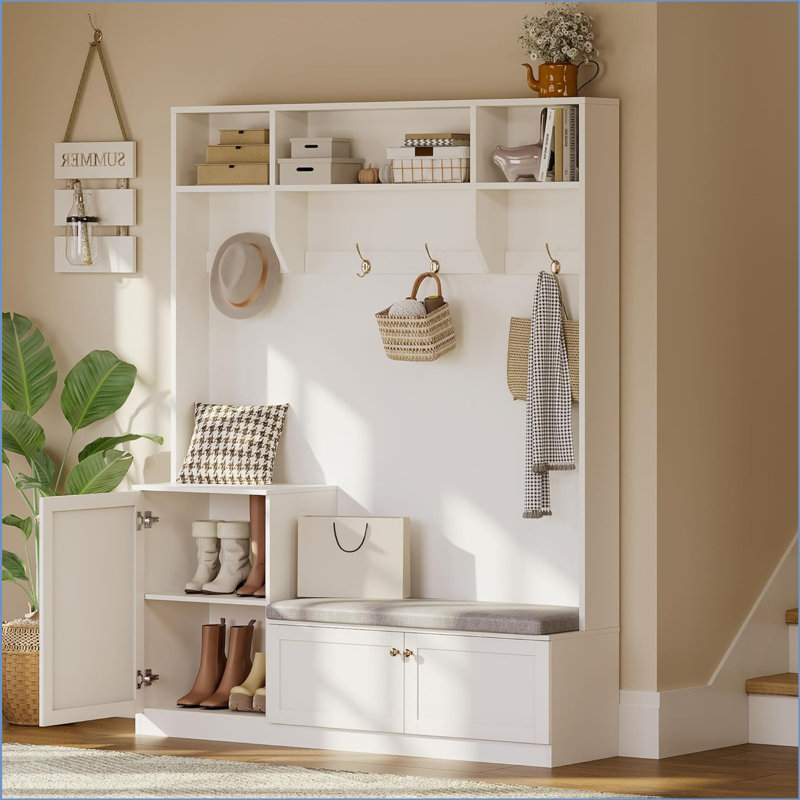 79 in Hall Tree, 5-In-1 Modern Entryway Bench with Coat Rack, Hall Tree with 4 Hanging Hooks, 3 Open Compartments & Adjustable Shelf, Coat Rack Freestanding for Entryway, Living Room