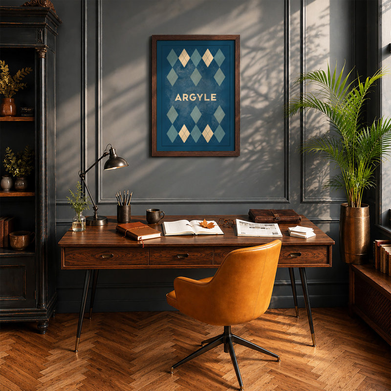 Argyle Pattern Geometric - Framed Print, A2 - 59.4 x 42.0 cm, Walnut
