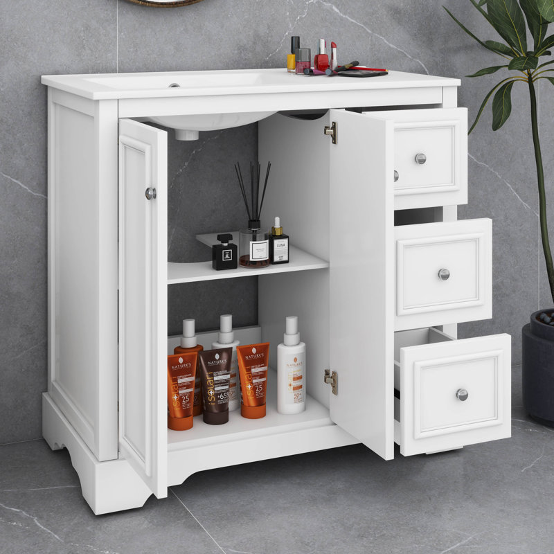 Ensemble de meuble-lavabo autoportant 36 po avec 3 tiroirs et 2 portes avec tablette ajustable en U 36 po, Blanc