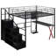 Lit mezzanine double en métal avec poste de travail intégré, garde-robe, escalier de rangement et lumière DEL, noir