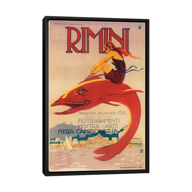 « rimini », affiche rétro sur toile, H 26 po x l 18 po x P 1,5 po, Toile avec cadre noir, Pas de tapis