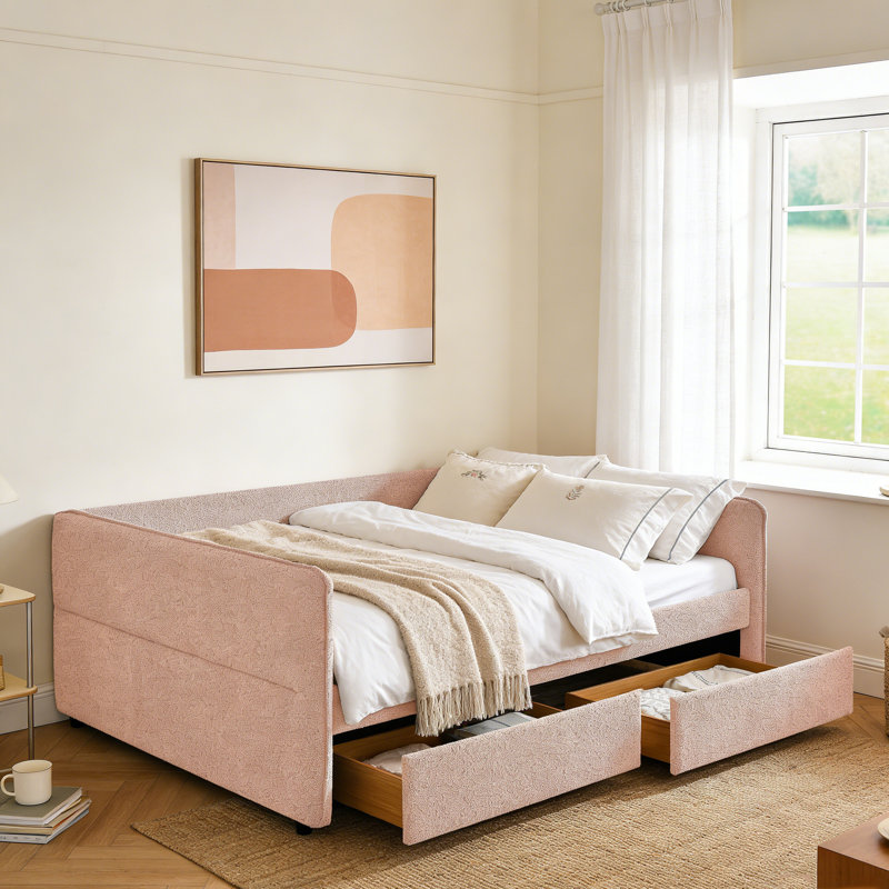 Queen Size Upholstered Tufted Sofa Daybed With Two Drawers, Soft Boucle Fabric (88"X65.5"X29.5"), Pink